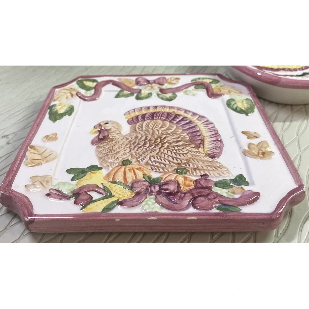 Vintage‎ 1998 Thanksgiving Turkey Pumpkins Fall Trivet&Spoon Rest Ceramic Glossy